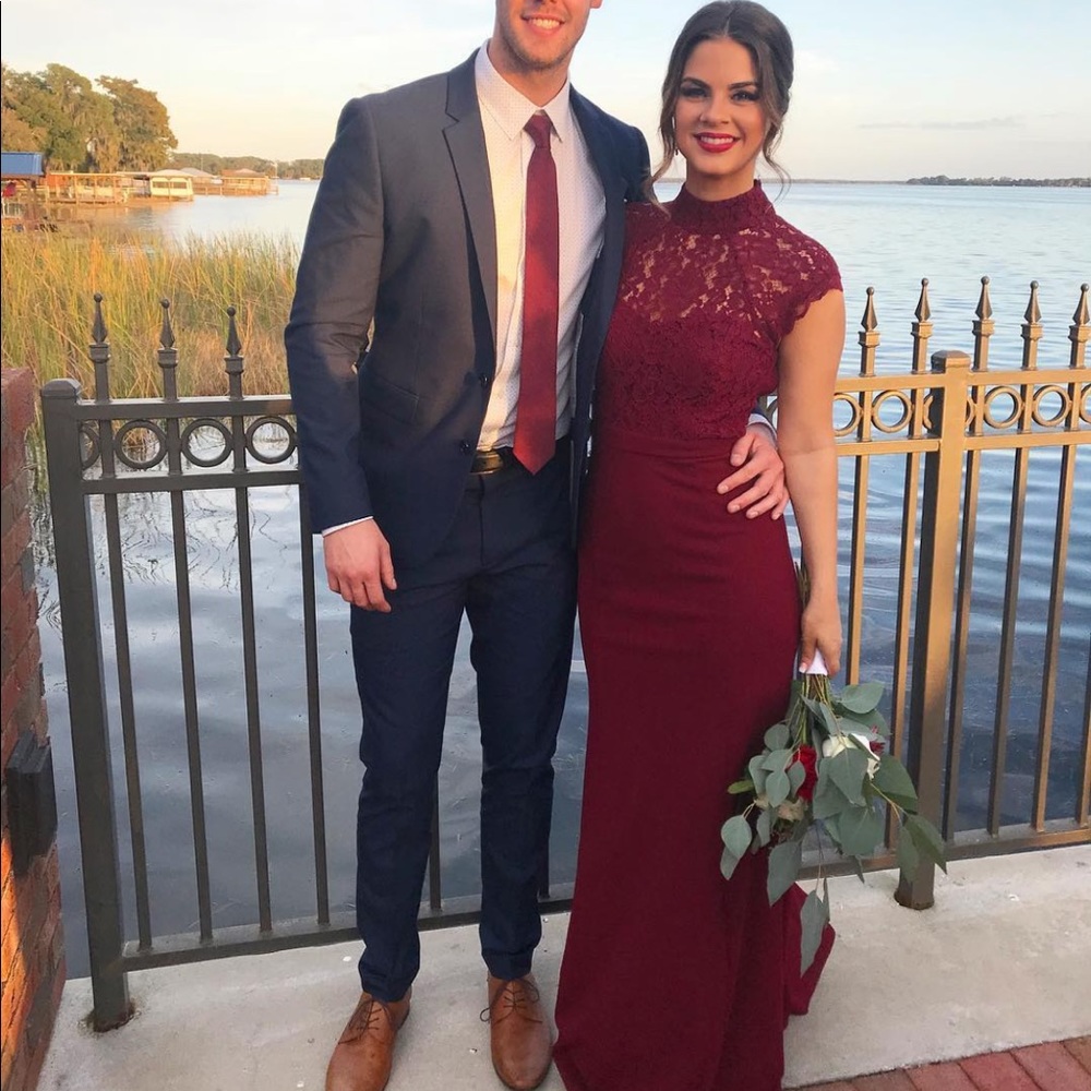 Burgundy high neck lace floor length LuLus  dress